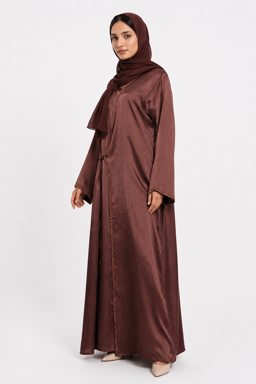 Rust Brown Beaded Satin Front Open Abaya